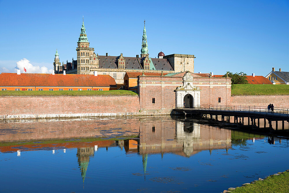 View over moat to entrance gate of Kronborg Castle used as setting for Shakespeare's Hamlet, Helsingor, Zealand, Denmark, Scandinavia, Europe