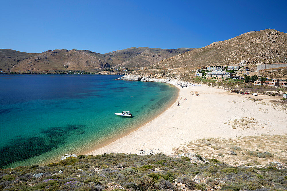 Vagia beach with view of Coco Mat Hotel on south coast, Serifos, Cyclades, Aegean Sea, Greek Islands, Greece, Europe