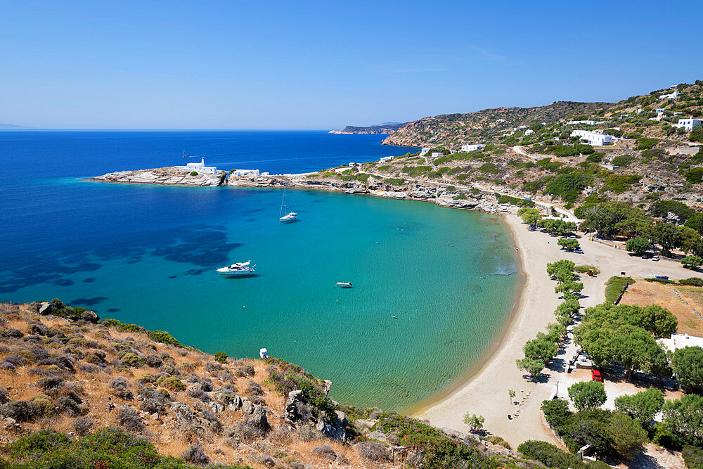 View over Apokofto beach with crystal clear water, Chrisopigi, Sifnos, Cyclades, Aegean Sea, Greek Islands, Greece, Europe