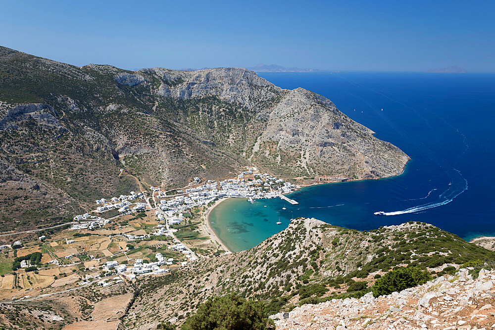 View over Kamares and Kamares Bay from Agios Simeon church, Sifnos, Cyclades, Aegean Sea, Greek Islands, Greece, Europe