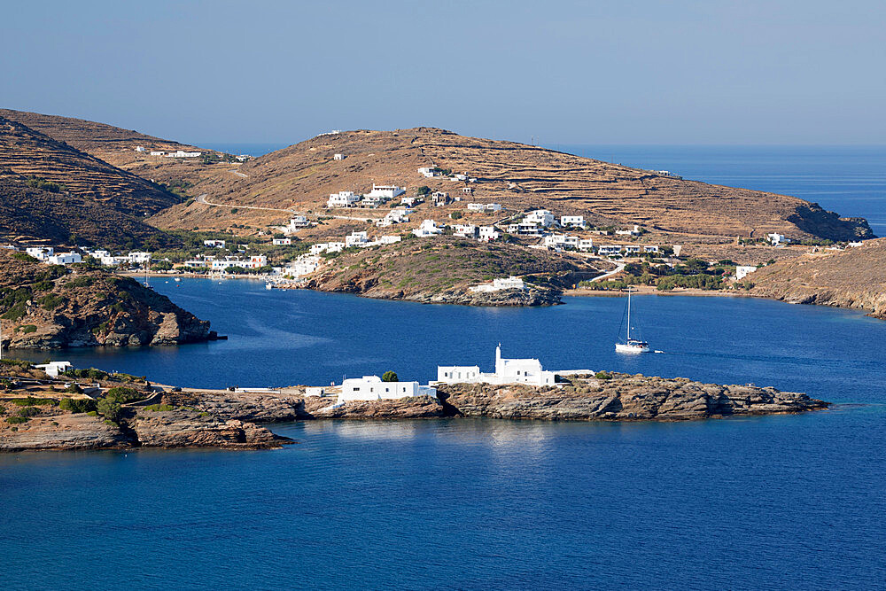 View of Chrisopigi Monastery and Faros on island's south east coast, Sifnos, Cyclades, Aegean Sea, Greek Islands, Greece, Europe