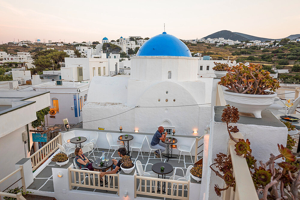 Evening view over Argo bar in town of Apollonia, Sifnos, Cyclades, Aegean Sea, Greek Islands, Greece, Europe