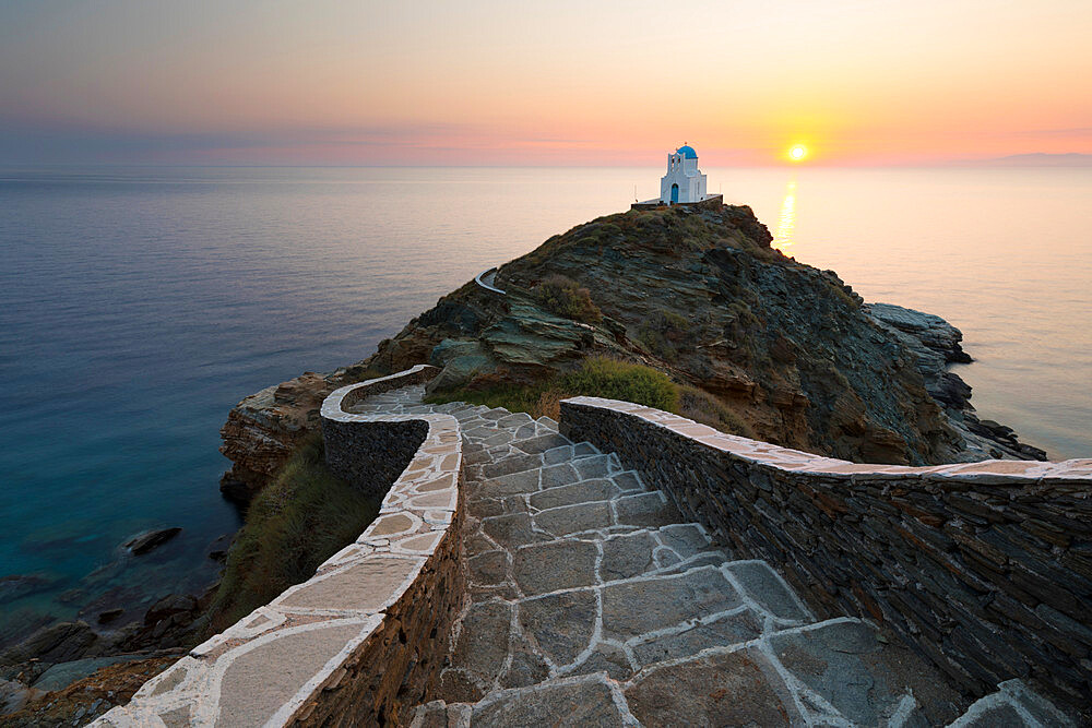 Steps leading down to Greek Orthodox chapel of Eftamartyres at dawn, Kastro, Sifnos, Cyclades, Aegean Sea, Greek Islands, Greece, Europe