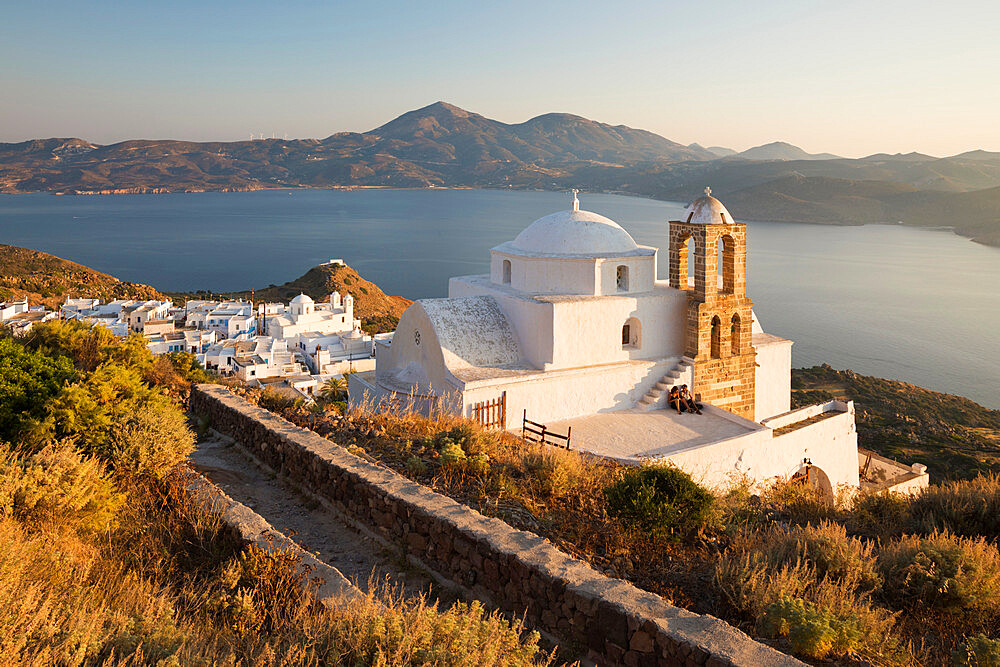 View of Plaka with Greek Orthodox church and Milos Bay from Plaka Castle, Milos, Cyclades, Aegean Sea, Greek Islands, Greece, Europe