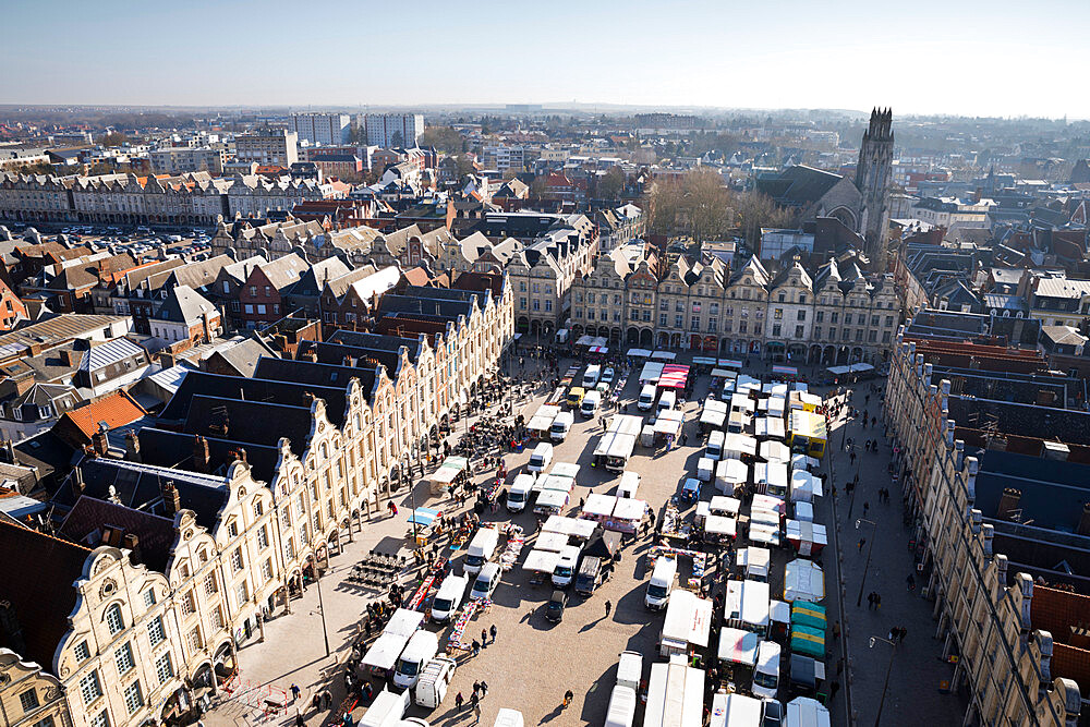 Place des Heros Saturday market viewed from the belfry, Arras, Pas-de-Calais, Hauts-de-France region, France, Europe