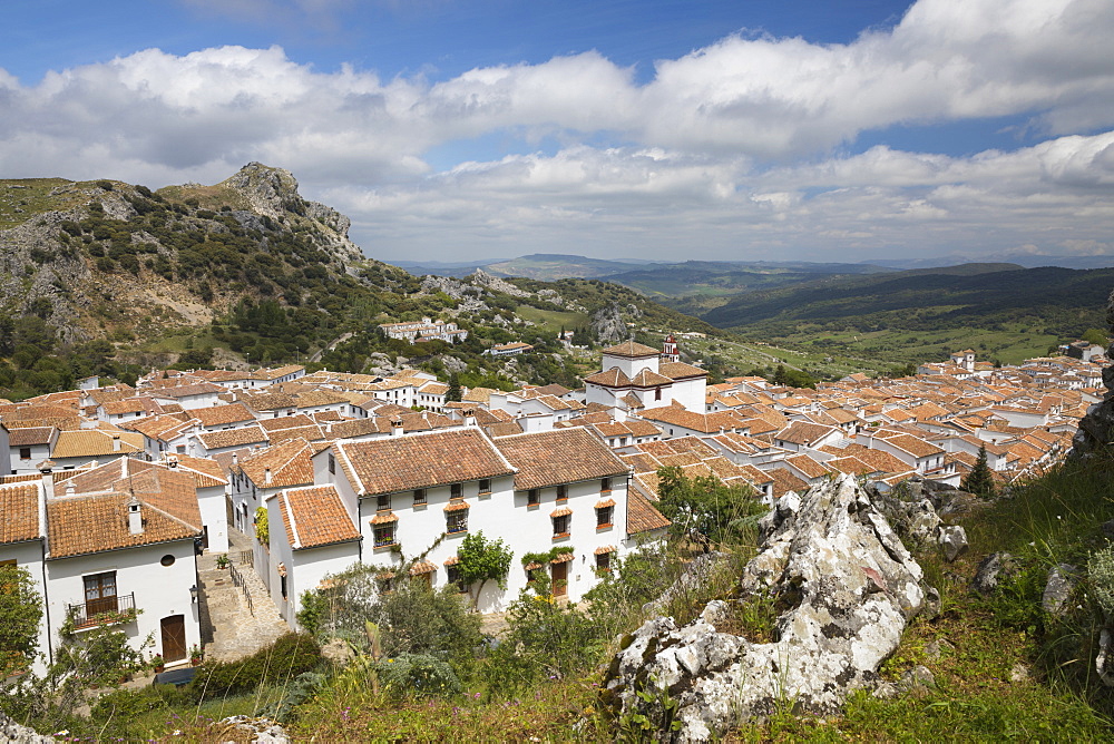 View over Andalucian white village, Grazalema, Sierra de Grazalema Natural Park, Andalucia, Spain, Europe