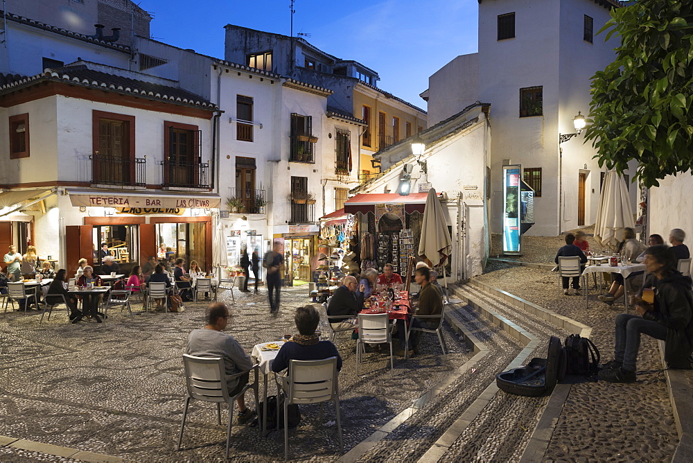 Evening restaurants in the Placeta de San Gregorio, Albaicin area, Granada, Andalucia, Spain, Europe