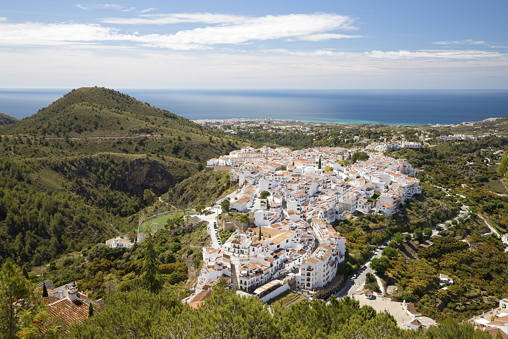 View over white Andalucian village to the sea, Frigiliana, Malaga Province, Costa del Sol, Andalucia, Spain, Europe