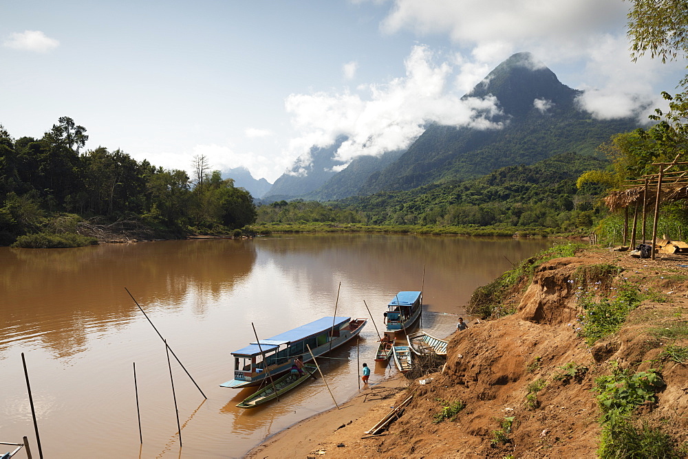 Boats on the Nam Ou River about 20 minutes north of Nong Khiaw, Luang Prabang Province, Northern Laos, Laos, Indochina, Southeast Asia, Asia