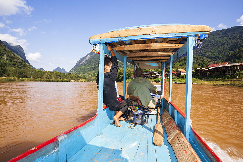 Boat trip on the Nam Ou River looking north at Muang Ngoi Neua, Luang Prabang Province, Northern Laos, Laos, Indochina, Southeast Asia, Asia