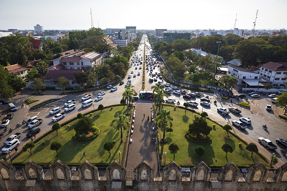 Lane Xang Avenue viewed from top of the Patuxai Victory Monument (Vientiane Arc de Triomphe), Vientiane, Laos, Indochina, Southeast Asia, Asia