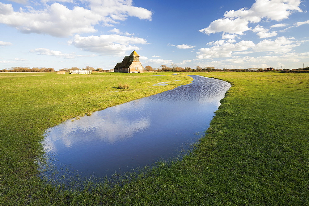 St. Thomas a Becket Church on Romney Marsh in afternoon sunlight, Fairfield, Kent, England, United Kingdom, Europe