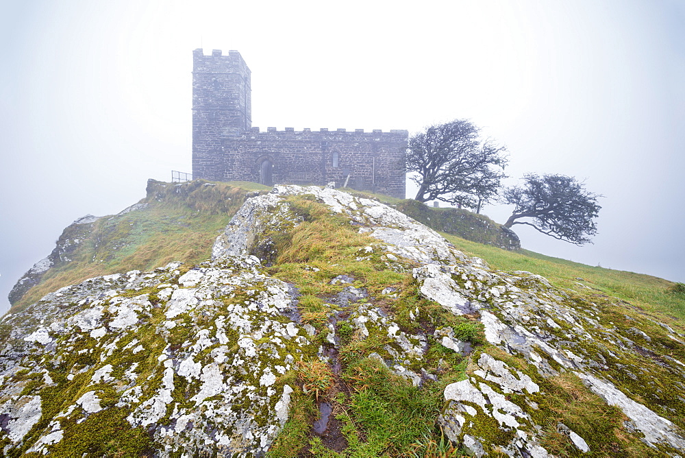 Brent Tor church in early morning fog, North Brentor, Dartmoor National Park, Devon, England, United Kingdom, Europe