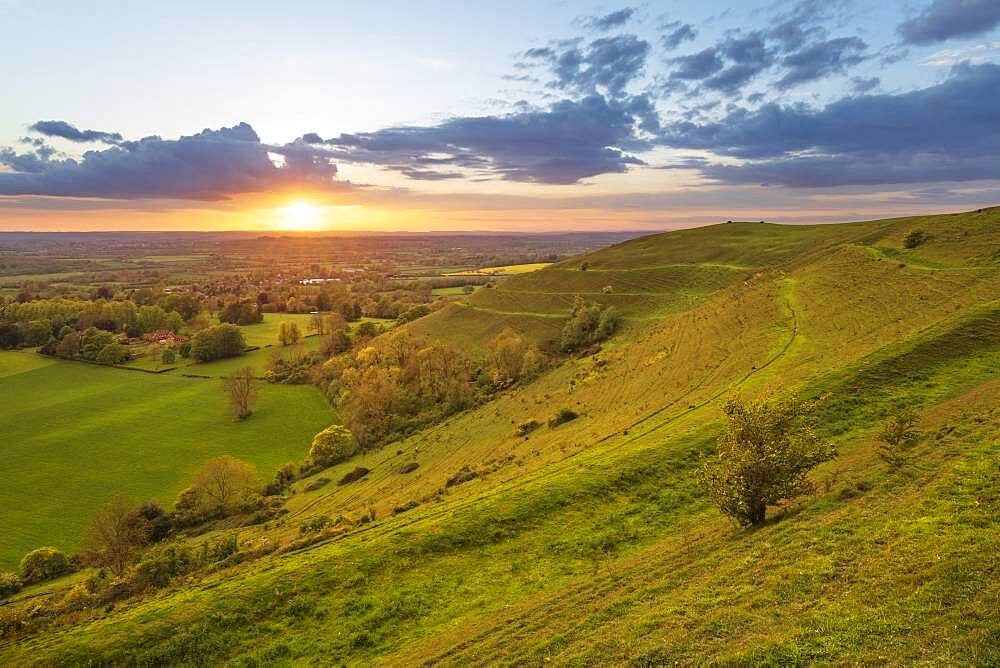 Iron-age hillfort of Hambledon Hill at sunset, Cranborne Chase AONB (Area of Outstanding Natural Beauty), Iwerne Courtney (Shroton), Dorset, England, United Kingdom, Europe