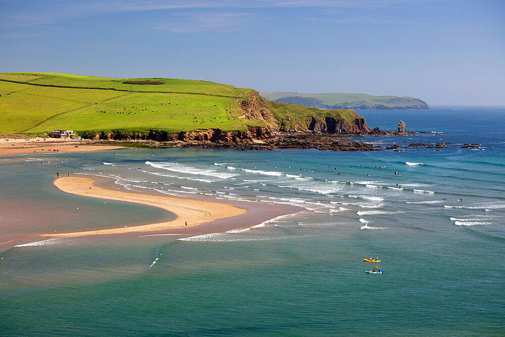 Bantham Sand beach and Long Stone from Bigbury-on-Sea with Bolt Tail in distance, Bigbury-on-Sea, South Hams, Devon, England, United Kingdom, Europe