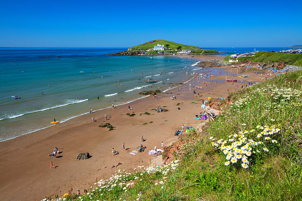 Bigbury beach with Burgh Island in distance, Bigbury-on-Sea, South Hams district, Devon, England, United Kingdom, Europe