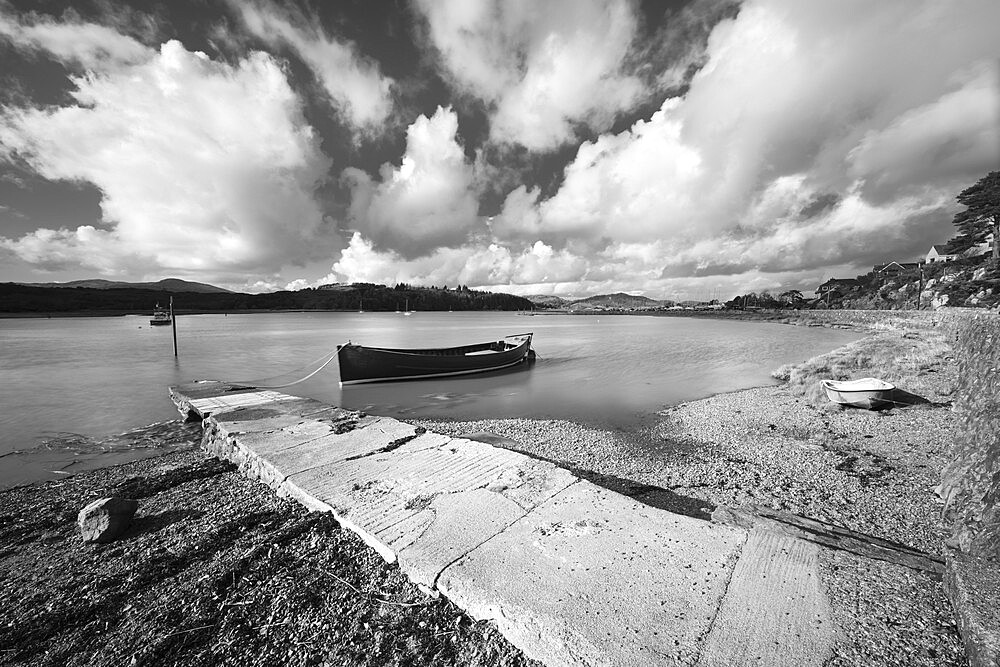 Jetty on Urr Water with boat, Kippford, Dalbeattie, Dumfries and Galloway, Scotland, United Kingdom, Europe