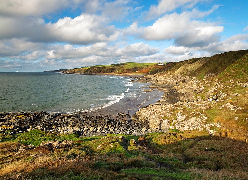 Rugged coastline and beach at Killantringan Bay, Portpatrick, Dumfries and Galloway, Scotland, United Kingdom, Europe