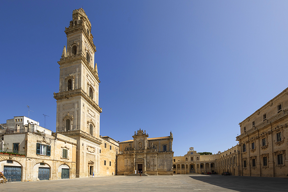 The duomo cathedral and Palazzo Vescovile with the campanile in Piazza del Duomo, Lecce, Puglia, Italy, Europe