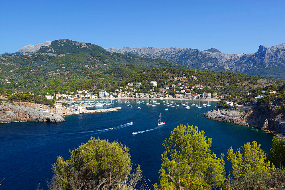 View over bay and harbour, Port de Soller, Mallorca (Majorca), Balearic Islands, Spain, Mediterranean, Europe