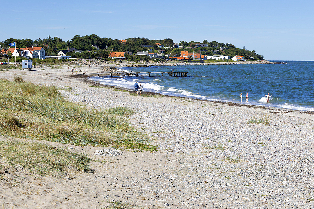 Sandy beach backed by sand dunes in summer, Gilleleje, Zealand, Denmark, Europe