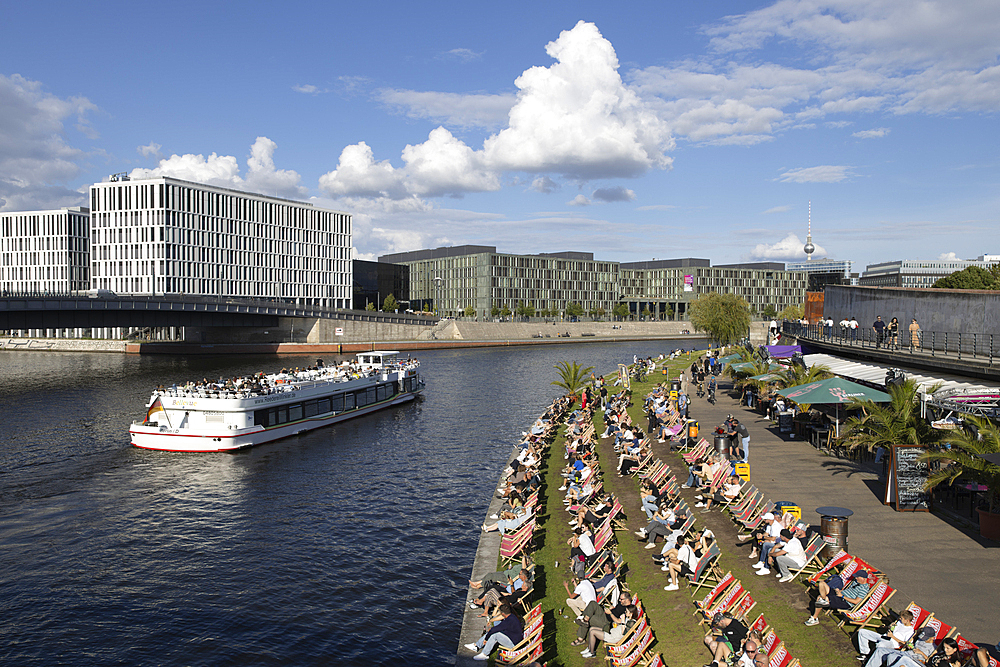 Capital Beach bar viewed from Gustav Heinemann bridge over the River Spree, Berlin, Germany, Europe