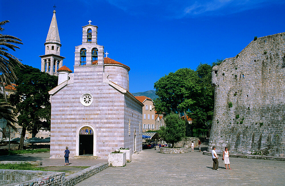 Sveti Trojice (Holy Trinity) church and Citadel walls, Old Town, Budva, The Budva Riviera, Montenegro, Europe