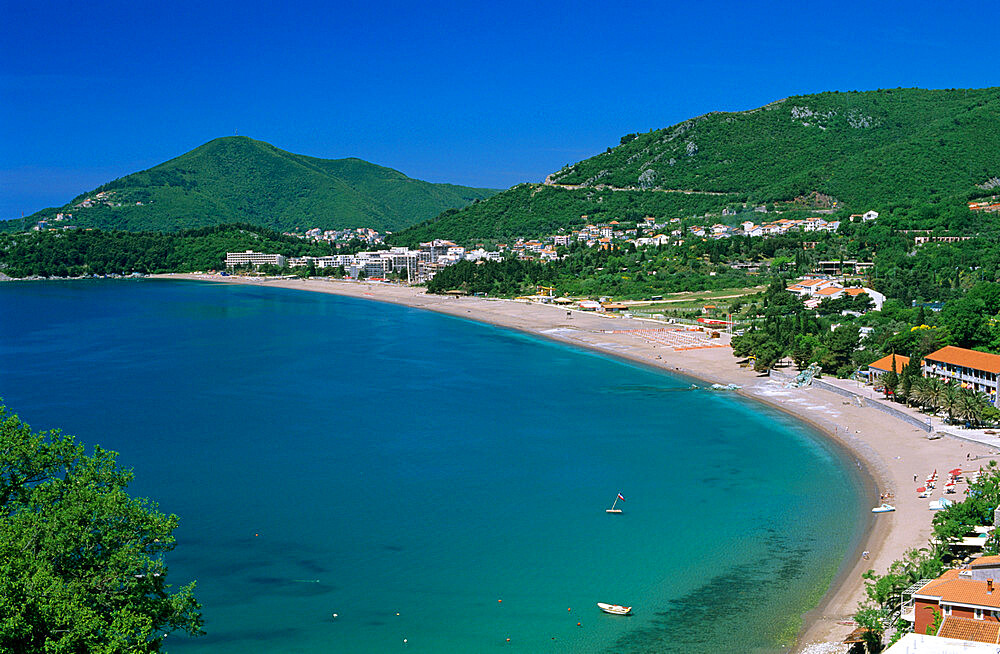 View over resort and beach, Rafailovici, The Budva Riviera, Montenegro, Europe