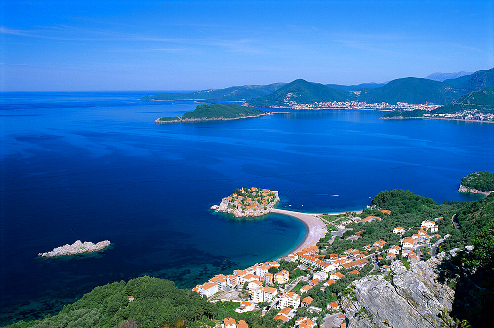 View over bay, Sveti Stefan, The Budva Riviera, Montenegro, Europe