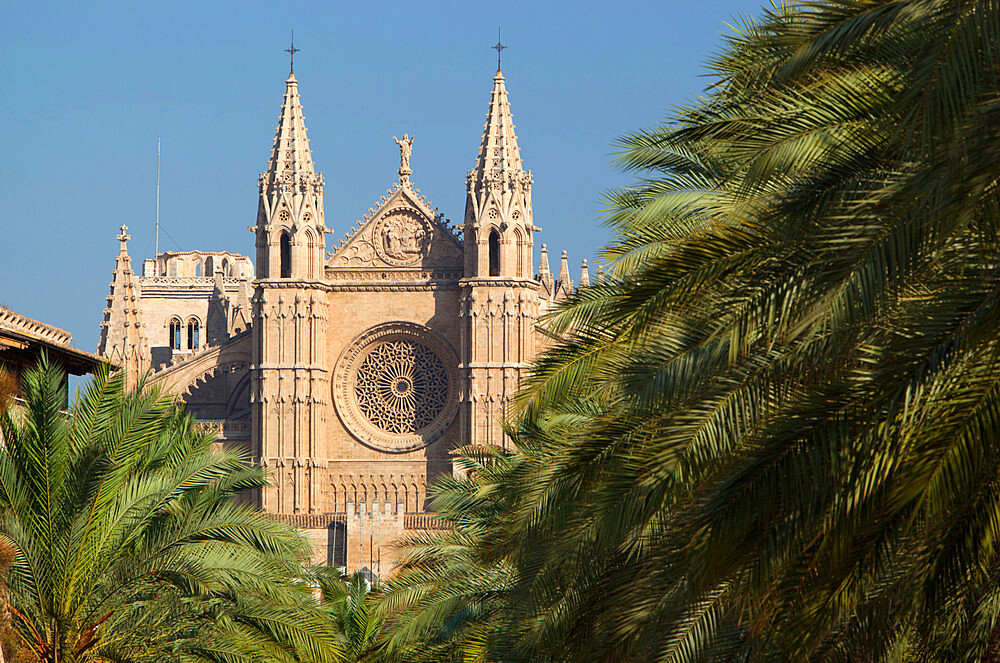 West front, Palma Cathedral (La Seu), Palma de Mallorca, Mallorca (Majorca), Balearic Islands, Spain, Mediterranean, Europe