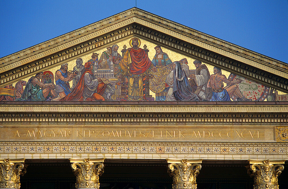 Mosaic of St. Stephen on front of the Art Exhibition Hall, Heroes' Square, Budapest, Hungary, Europe