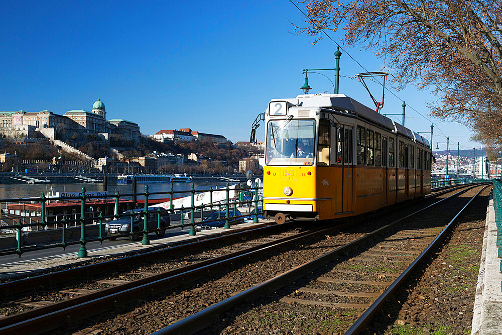 Tram alongside the Danube River, Pest, Budapest,  Hungary, Europe