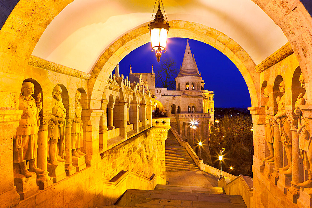 Fishermen's Bastion (Halaszbastya) at dusk, Buda, Budapest, Hungary, Europe