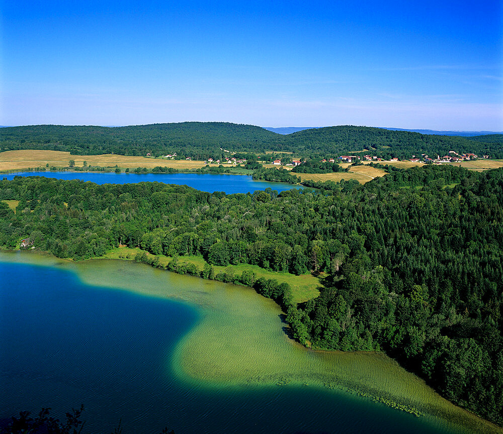 View over the Lake District, near Clairvaux Les Lacs, Jura, Franche Comte, France, Europe