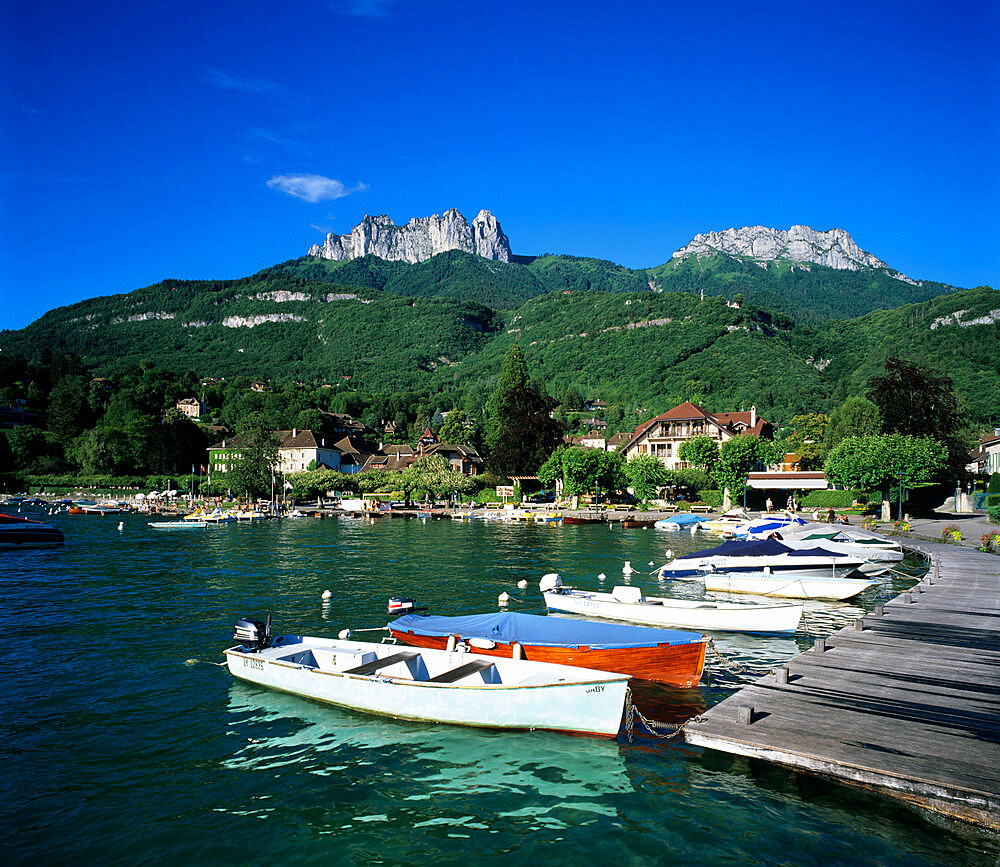 Rowing boats along lake shore, Talloires, Lake Annecy, Rhone Alpes, France, Europe