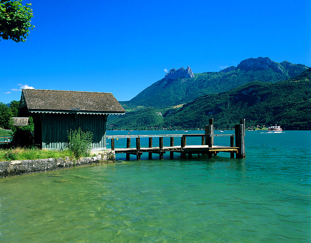 Pier on lake, Duingt, Lake Annecy, Rhone Alpes, France, Europe