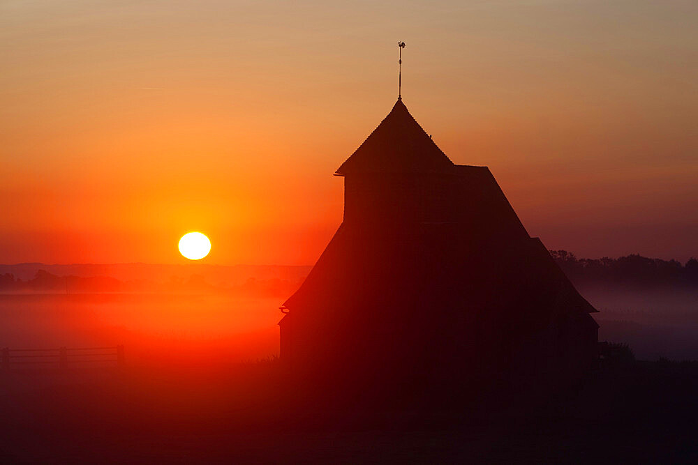 Fairfield church at sunrise, Romney Marsh, near Rye, Kent, England, United Kingdom, Europe