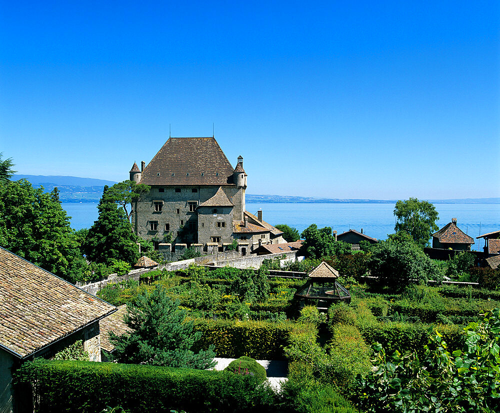 The Chateau and Jardin des Cinq Sens (Garden of the Five Senses), Yvoire, Lake Geneva (Lac Leman), Rhone Alpes, France, Europe