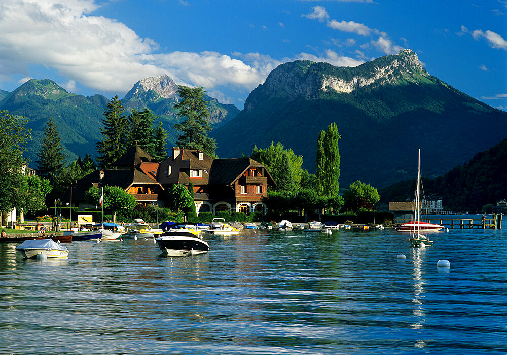 Harbour and Auberge Pere Bis, Talloires, Lake Annecy, Rhone Alpes, France, Europe