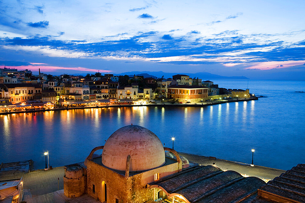 Venetian Harbour and Mosque of the Janissaries at dusk, Chania (Hania), Chania region, Crete, Greek Islands, Greece, Europe