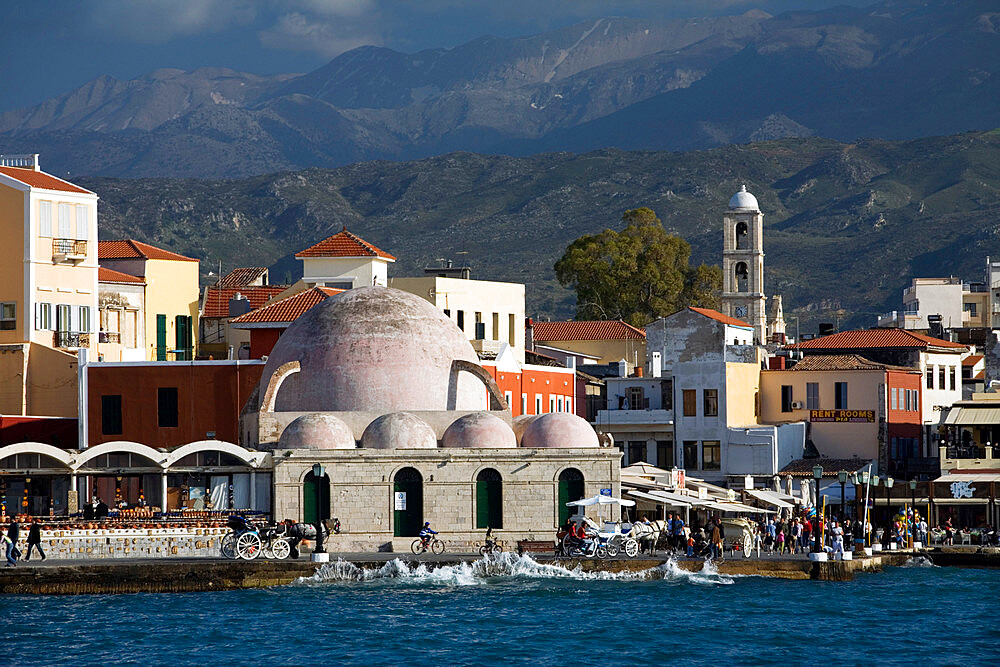 View over Venetian Harbour to Mosque of the Janissaries, Chania (Hania), Chania region, Crete, Greek Islands, Greece, Europe