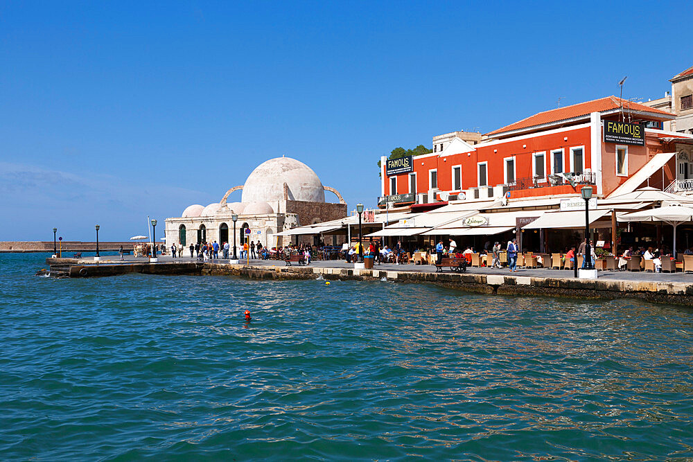 View over Venetian Harbour to Mosque of the Janissaries, Chania (Hania), Chania region, Crete, Greek Islands, Greece, Europe