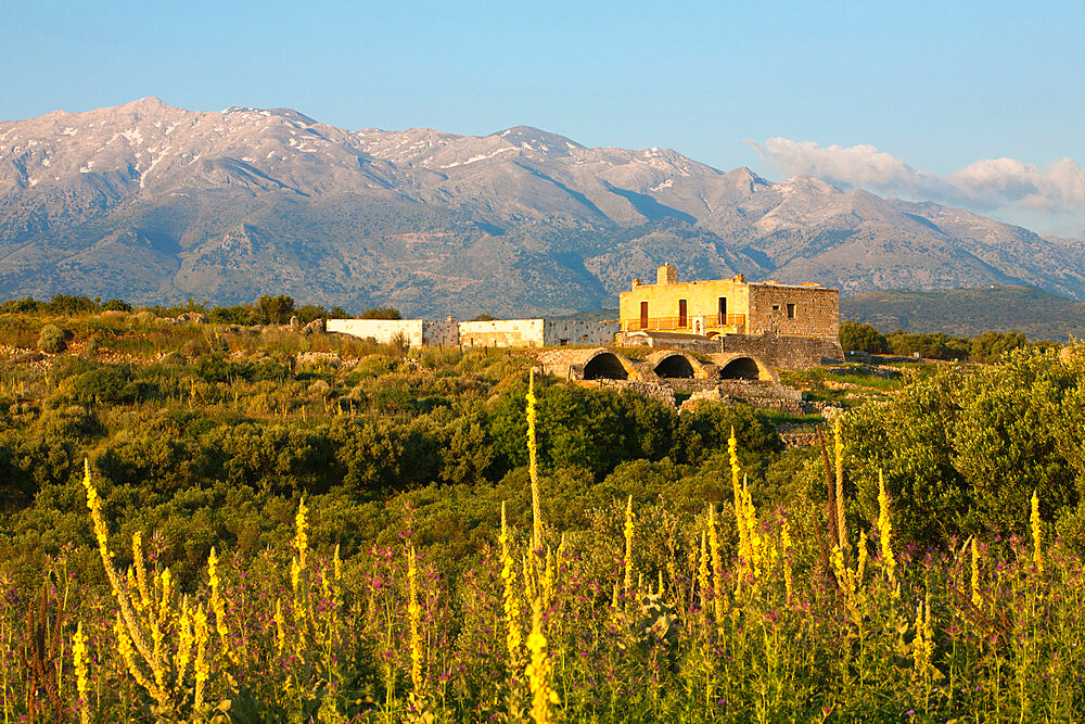 Monastery of Ayios Ioannis Theologos and White Mountains in spring, Aptera, Chania region, Crete, Greek Islands, Greece, Europe