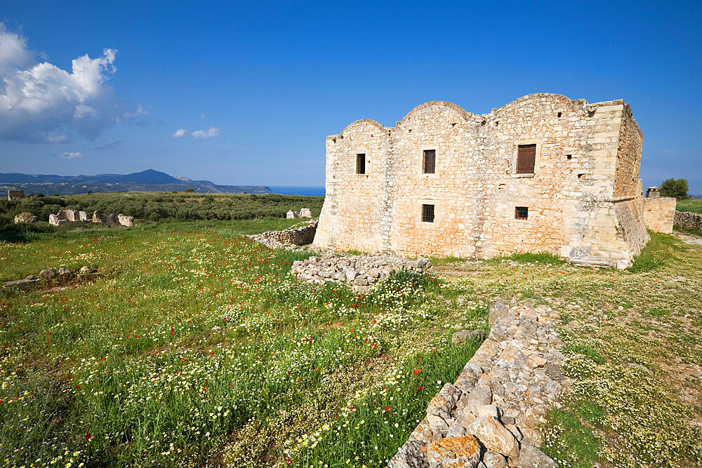 Monastery of Ayios Ioannis Theologos with spring flowers, Aptera, Chania region, Crete, Greek Islands, Greece, Europe