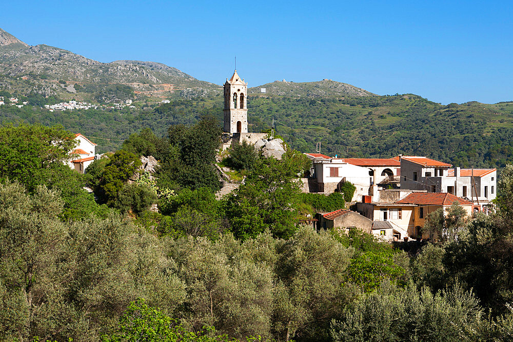 Venetian clocktower and village, Amari, near Spili, Rethimnon (Rethymno) region, Crete, Greek Islands, Greece, Europe