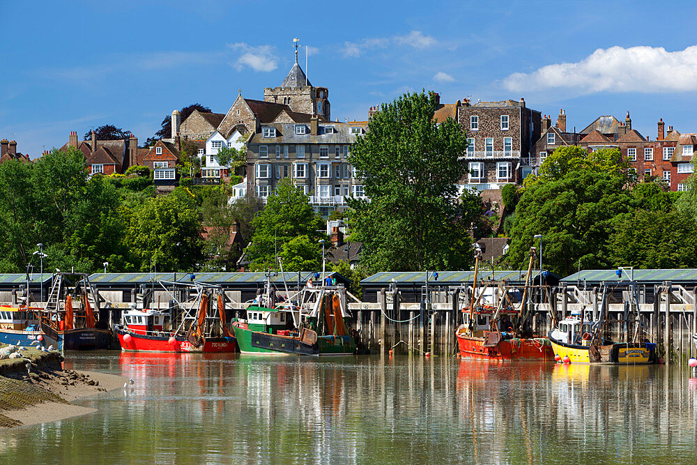 Fishing harbour on River Rother, old town, Rye, East Sussex England, United Kingdom, Europe