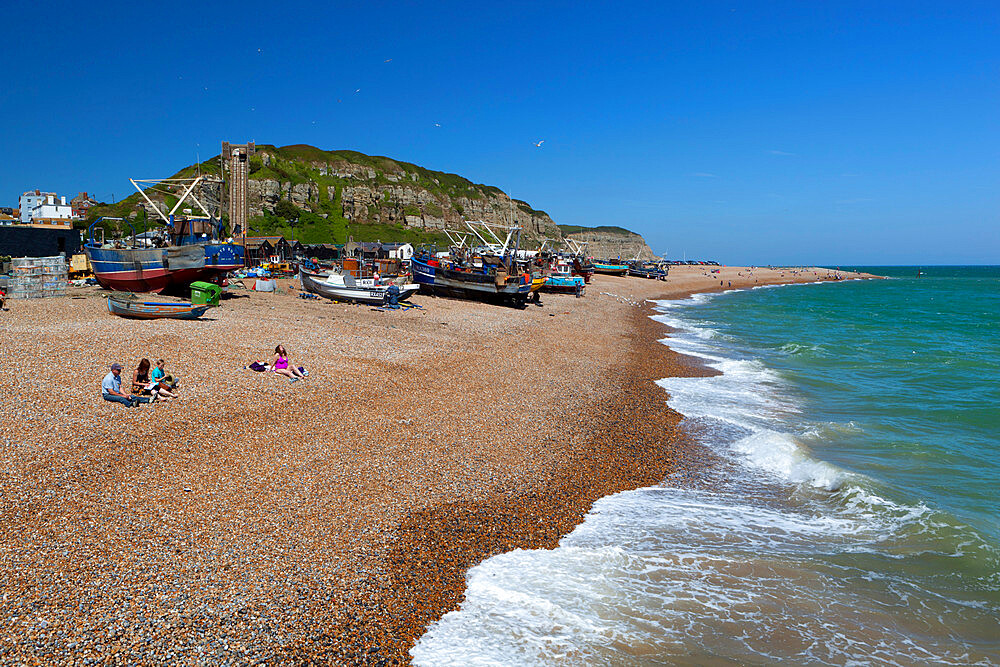 View over the Stade and East Hill, Hastings, East Sussex, England, United Kingdom, Europe