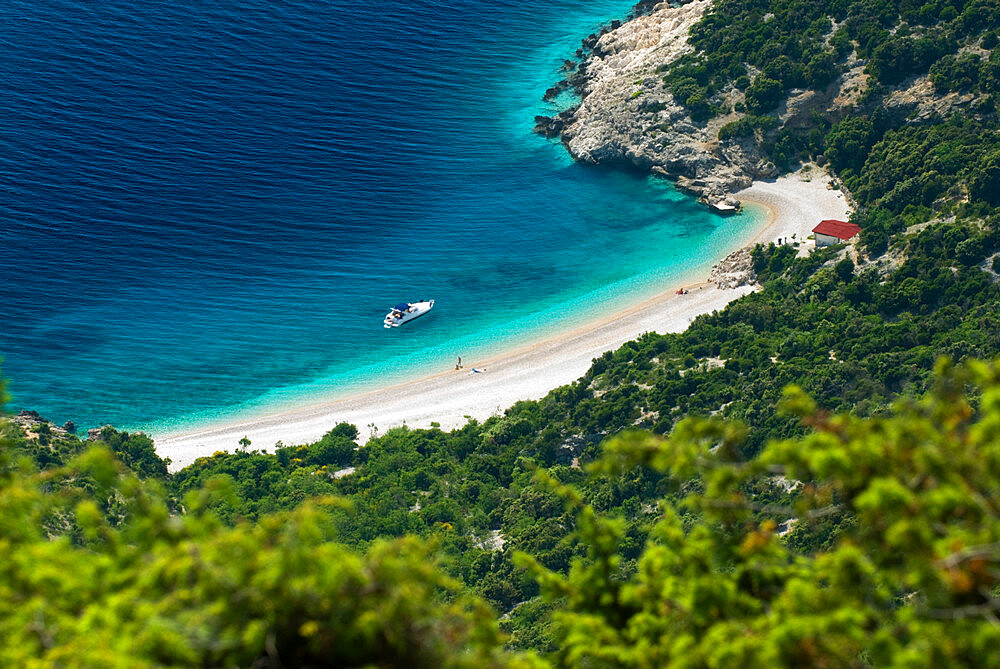 Secluded beach below village, Lubenice, Cres Island, Kvarner Gulf, Croatia, Adriatic, Europe