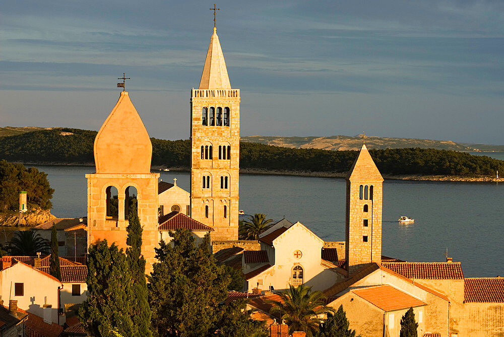 Sunset over campaniles of old town, Rab Town, Rab Island, Kvarner Gulf, Croatia, Adriatic, Europe