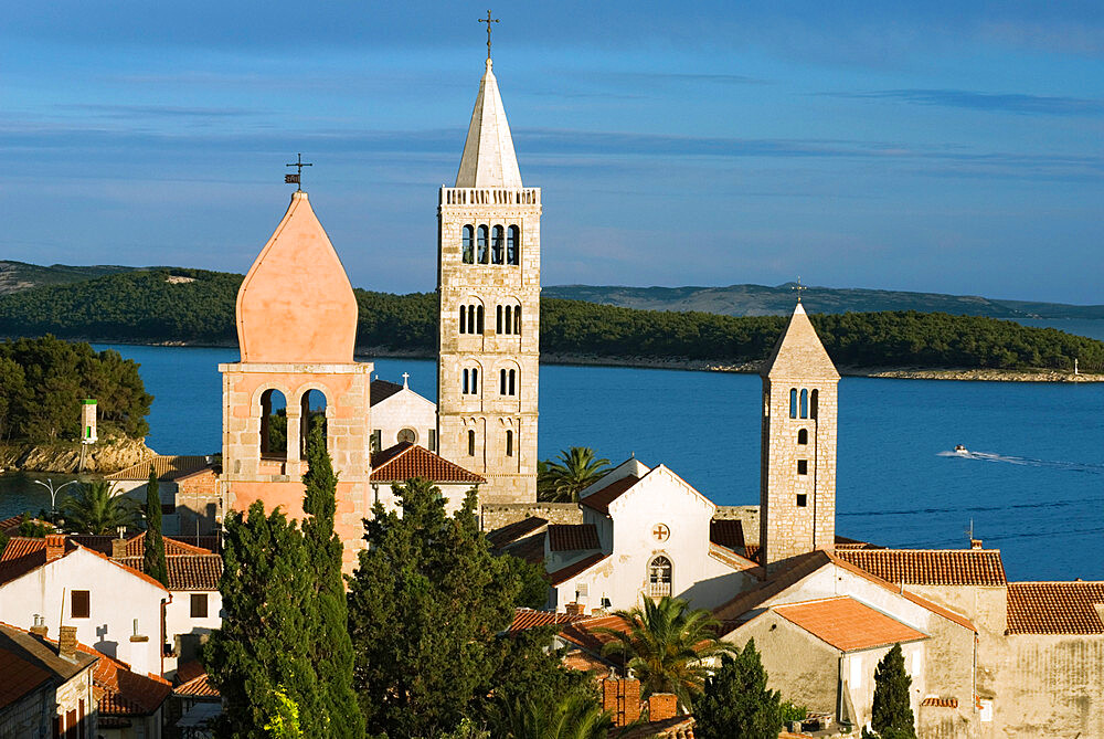 View over campaniles of old town, Rab Town, Rab Island, Kvarner Gulf, Croatia, Adriatic, Europe